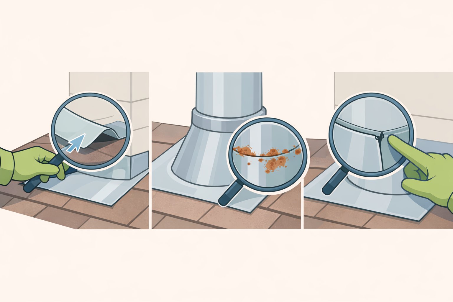 Close-up illustration of roof flashing around a chimney/plumbing vent showing intact sealant, secure fasteners, and no lifted edges or rust