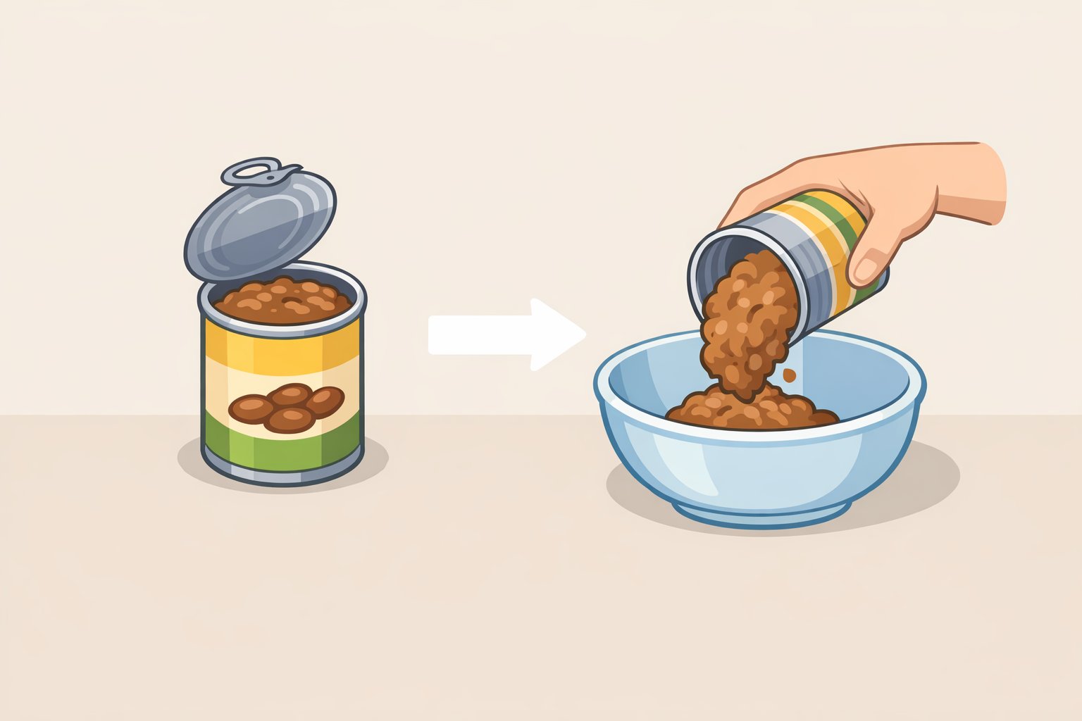 Opened can of refried beans being poured into a bowl before adding sour cream and lime