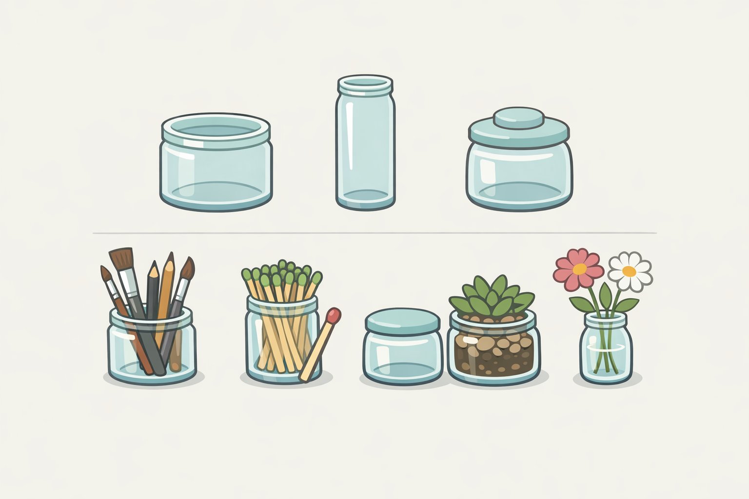 Illustration showing three candle jar shapeswide-mouth for pens and brush holders, narrow for cotton buds, and lidded jars for coasters or bud vasessupporting how to reuse candle jars by size and shape
