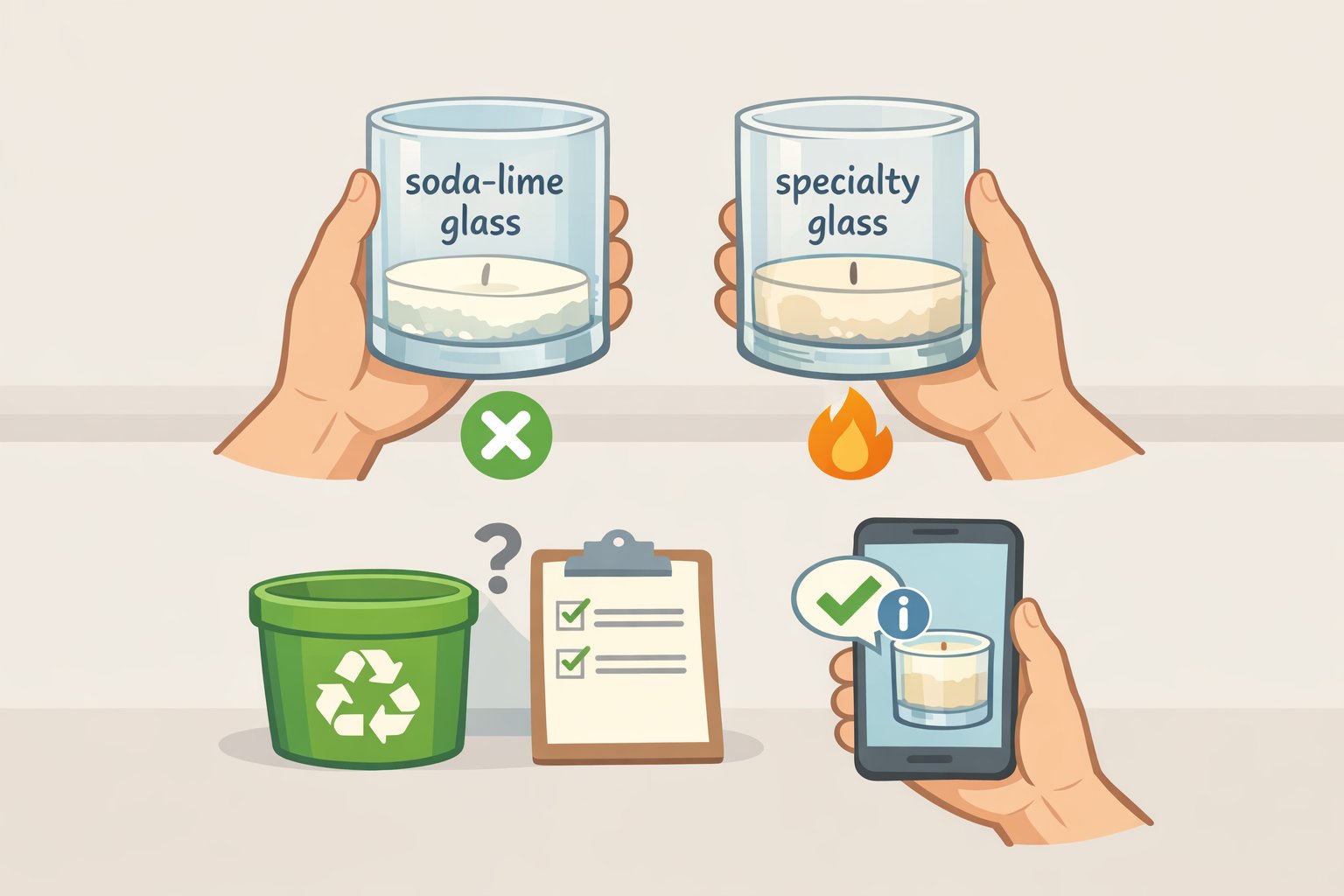 Illustration of a labeled candle jar and a recycling checklist showing steps to confirm soda-lime glass acceptance versus specialty glass limits before placing the jar in the bin