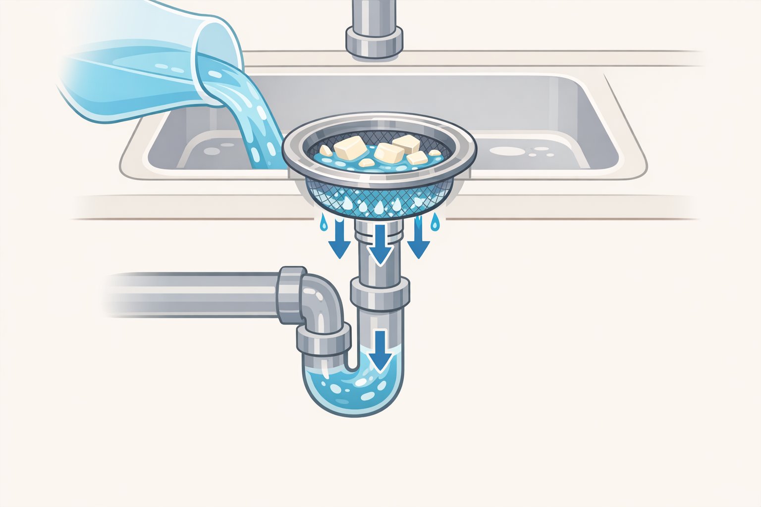 Illustration of how to clean candle jars safely by pouring melted wax water into a sink strainer and dumping surplus wax onto foil instead of down the drain