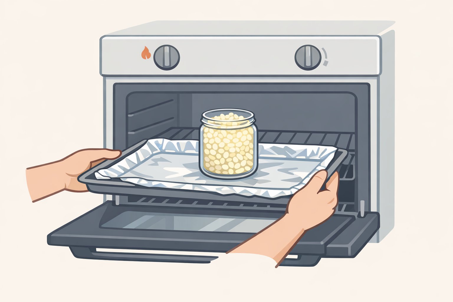 Illustration of refilling candle jars by putting a cleaned jar filled with wax pellets on a foil-lined baking sheet and baking at about 200°F