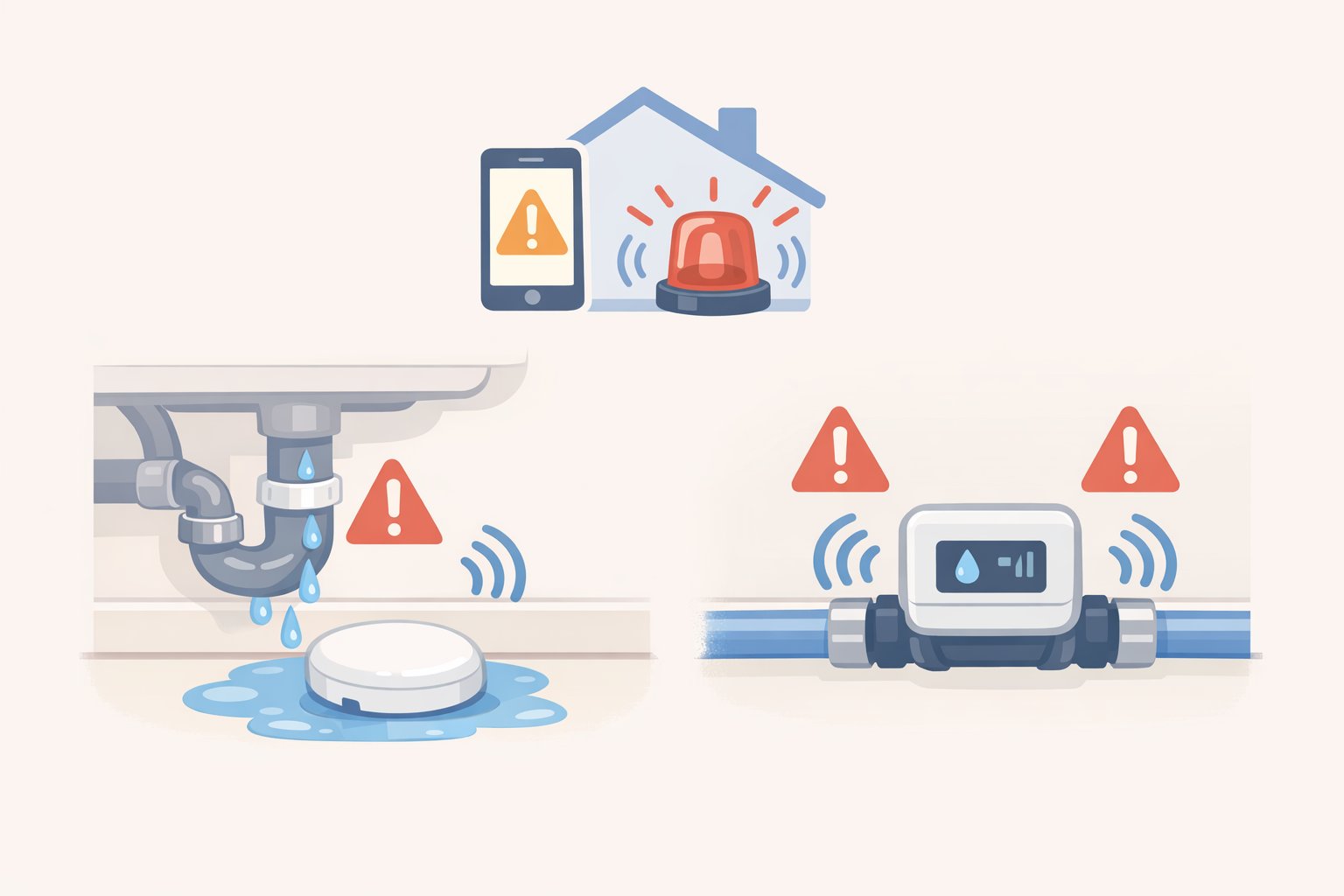 Illustration of a moisture sensor placed under a sink cabinet and a flow monitor on a main supply line, showing alerts for unexpected dampness or abnormal water use