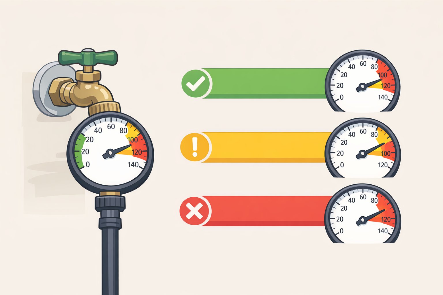 Illustration of a pressure gauge connected to an outdoor hose bib while the gauge needle reads within or outside the 45–60 psi range