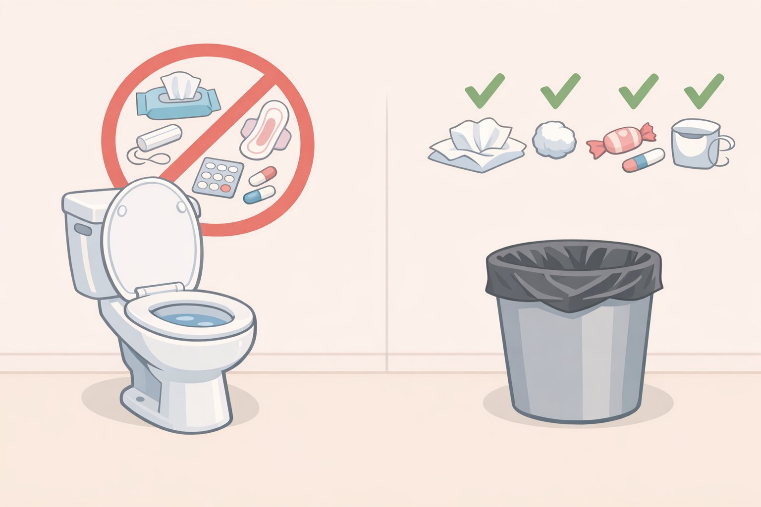 Illustration of a toilet labeled for only human waste and toilet paper, with wipes, floss, feminine hygiene products, and grease highlighted as items to throw away for simple plumbing habits to prevent expensive repairs