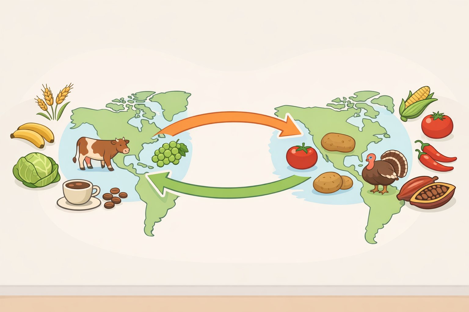 Map illustration of the Columbian Exchange showing ingredients moving between Europe and the Americas, explaining how tomatoes, potatoes, sugar, pigs, and cattle reshaped everyday recipes