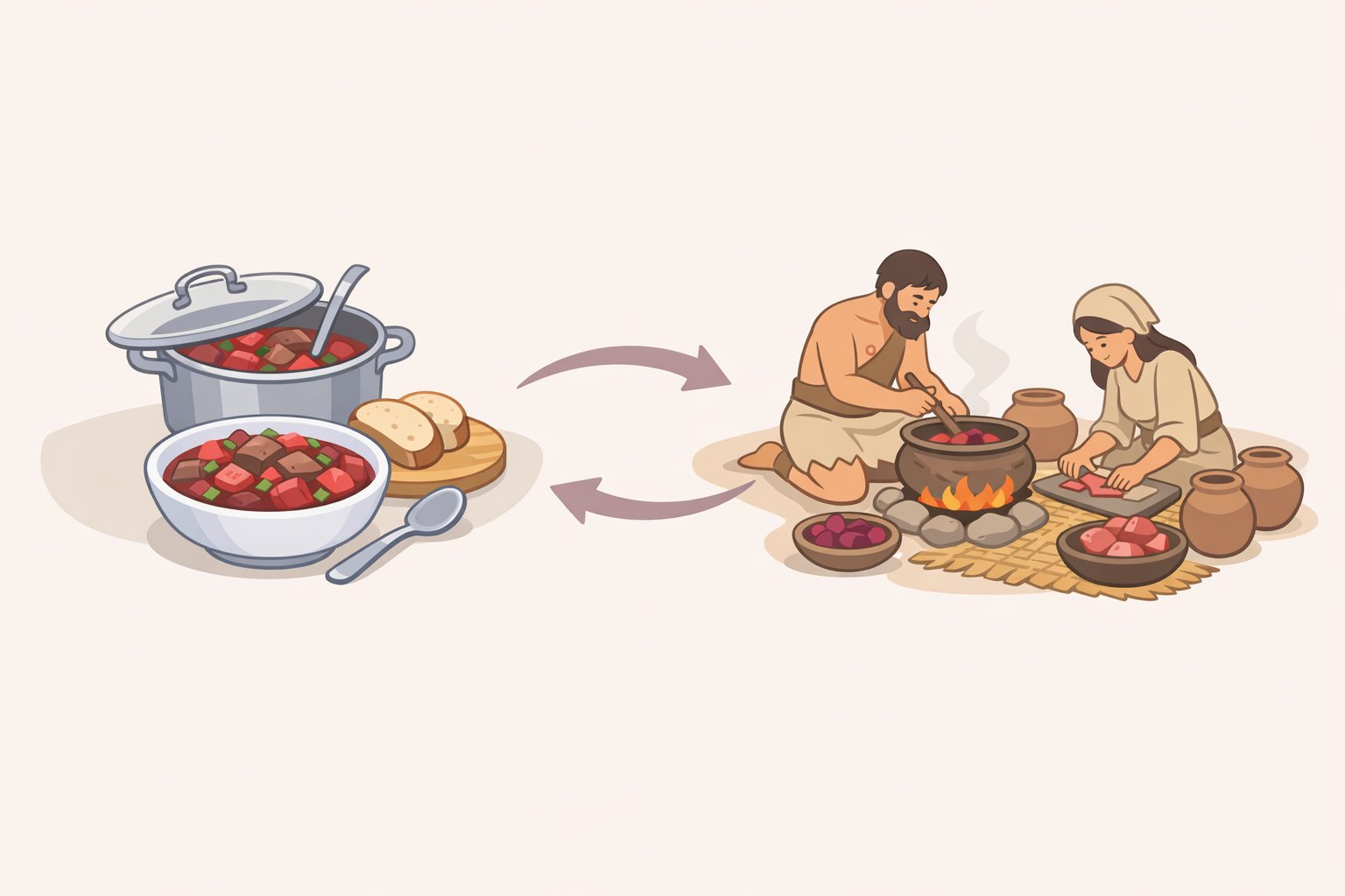 Illustration showing a modern bowl of beet-and-lamb stew alongside an interpretive depiction of an ancient Babylonian version to convey millennia-long culinary continuity