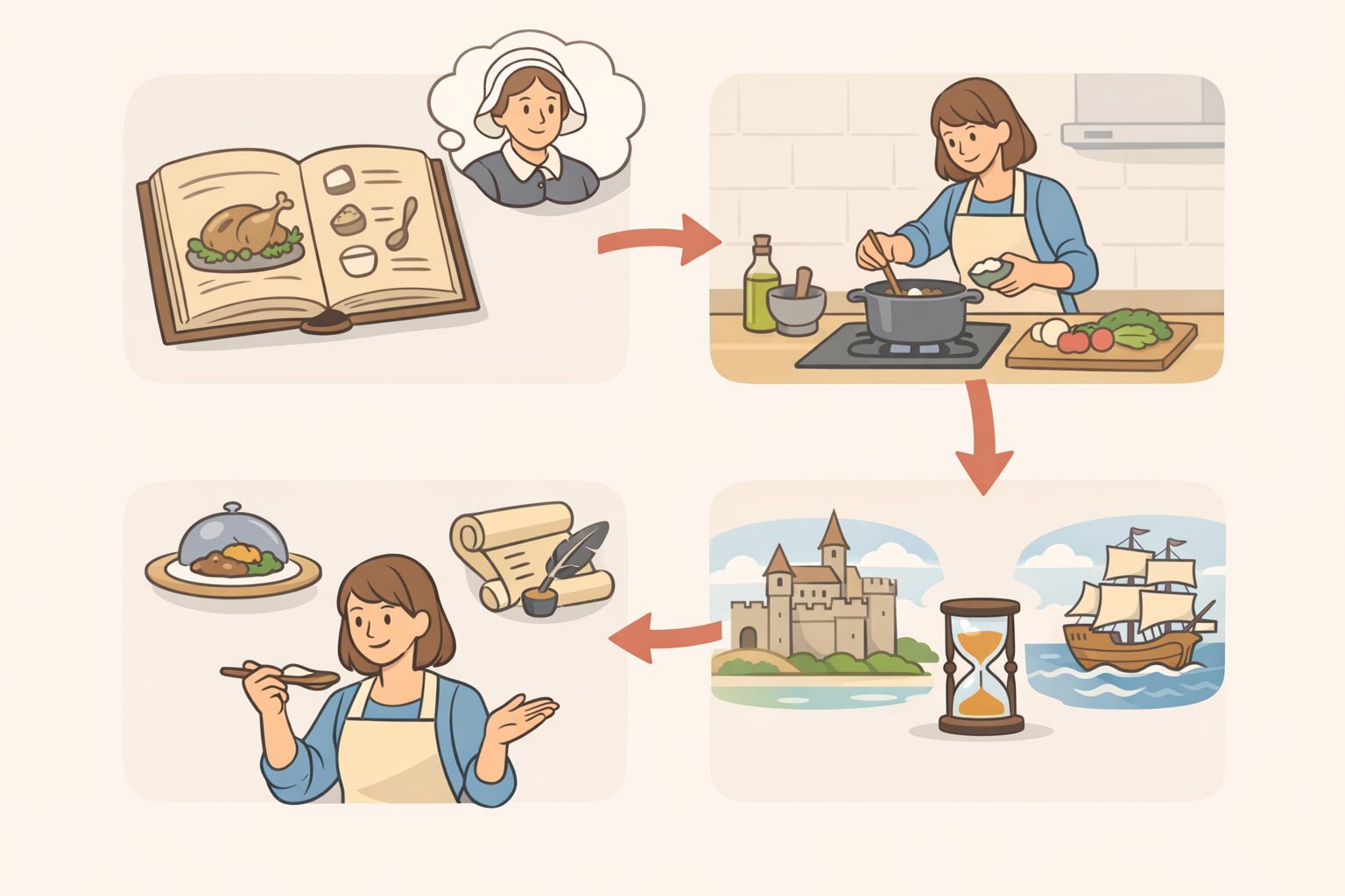 Storyboard illustration of a Max Miller Tasting History episode flow: historical recipe presentation, modern kitchen adaptation, on-camera cooking, and history segment with archival graphics