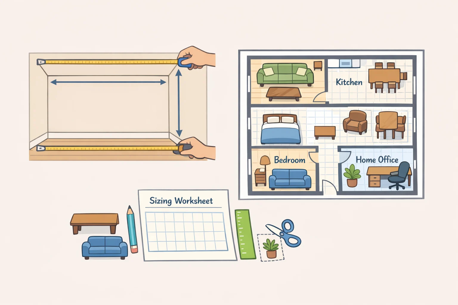 Illustration of a floor plan showing room dimensions and estimated fit percentages before starting mistakes to avoid when downsizing