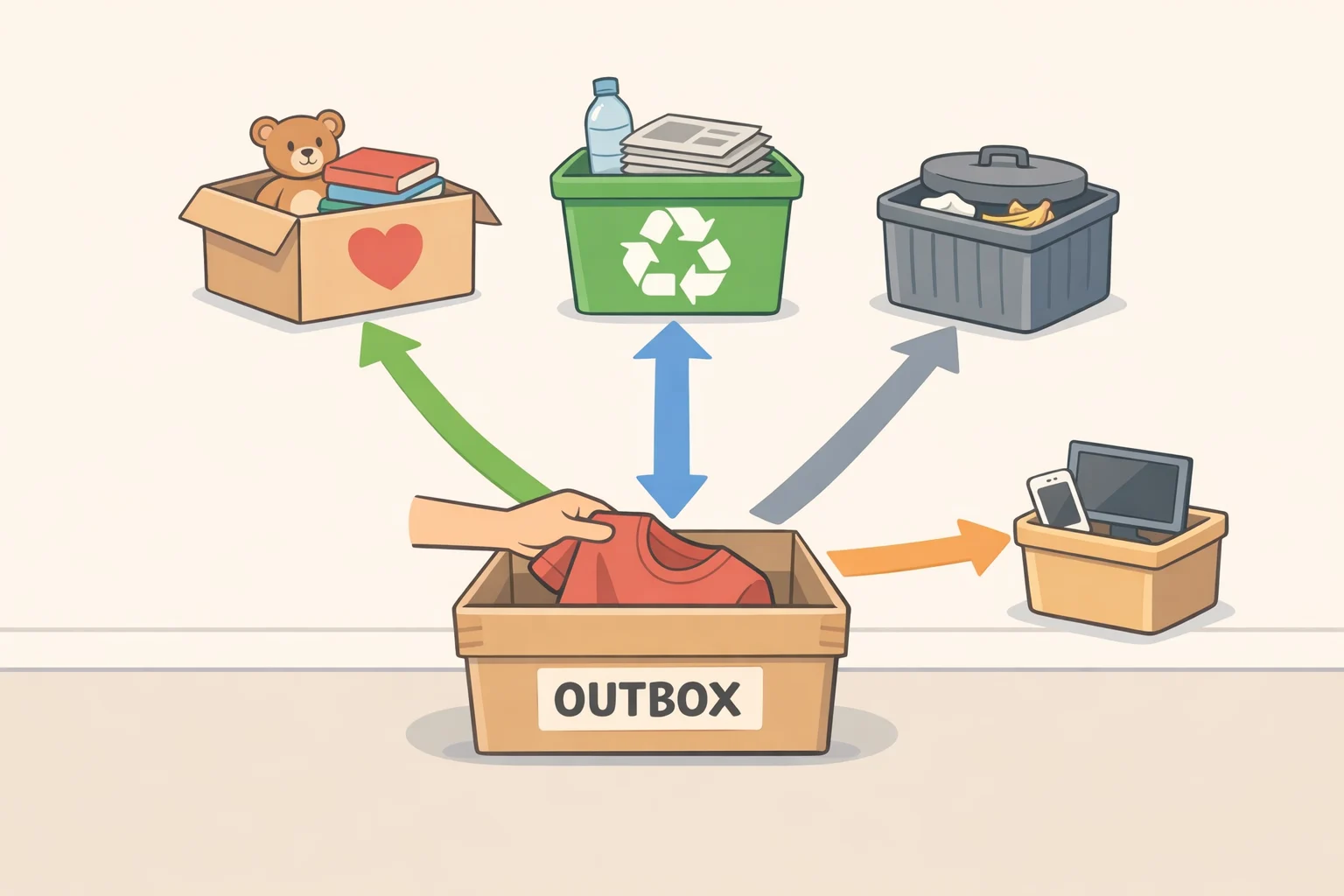 Illustration of a hallway 'outbox' system with labeled bins for donate, sell, recycle, trash, and special-handling items like electronics and paint