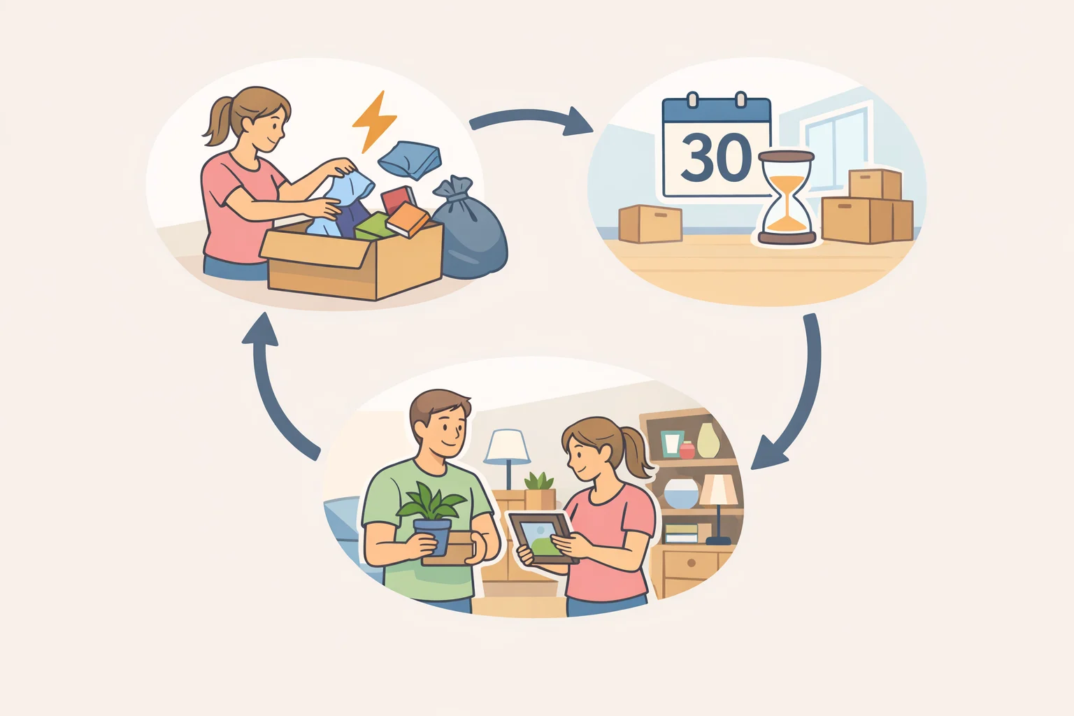 Illustration of a cyclical flowchart showing the buy-purge-rebuild trap next to a timeline that highlights a 30-day pause before buying replacements
