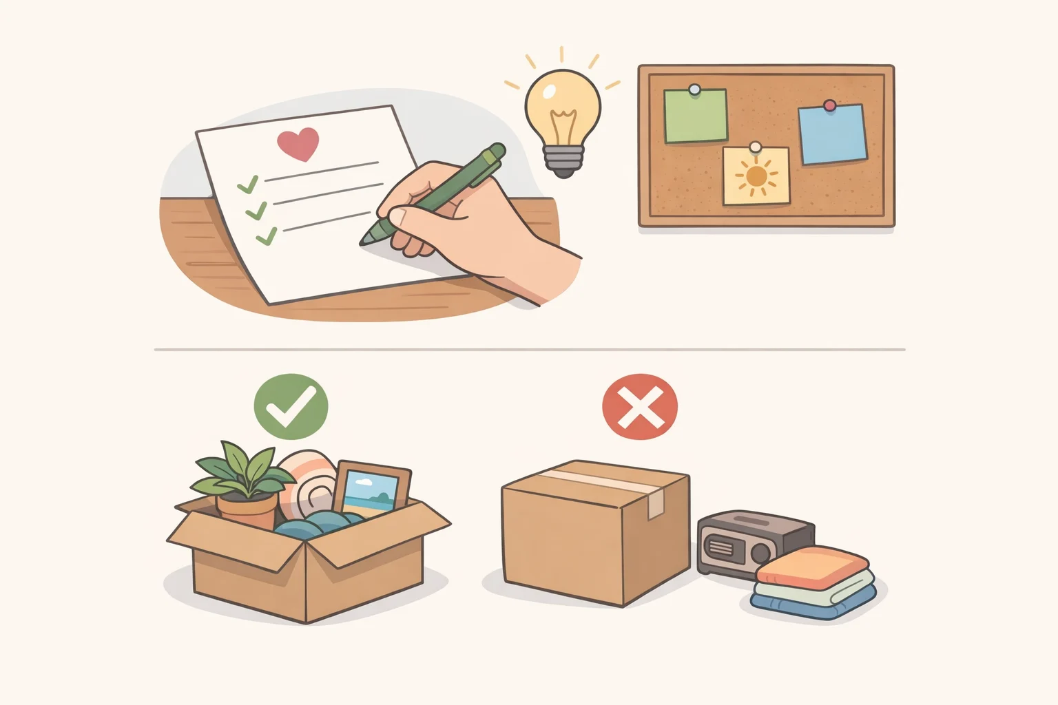 Illustration of a notepad listing new-home values like 'a clear workspace' and 'room for family' beside sorting labels for drawers and closets