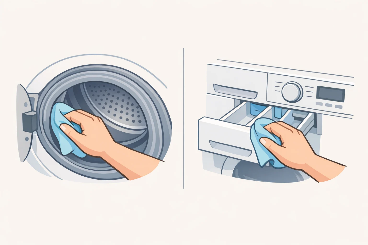 Illustration of a front-load washing machine with the door gasket folds and detergent drawer highlighted, showing a cloth wiping away trapped moisture that can cause odor
