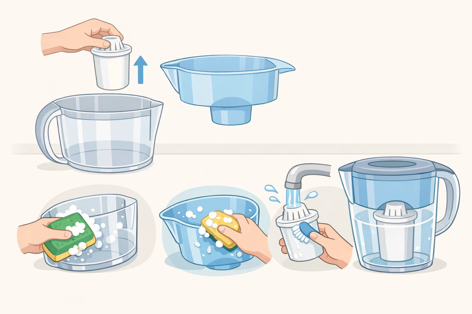 Illustration of a water filter pitcher with the filter removed and the reservoir lid being washed with soapy water, reinforcing that appliances you should clean more often don’t just rely on filter replacements