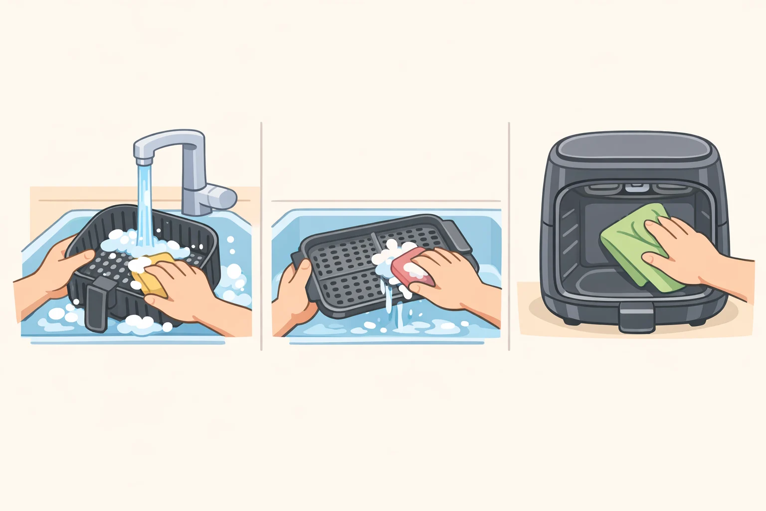 Illustration of an air fryer with the basket and tray removed, showing a cloth wiping the interior cavity to prevent odor and smoke from burning-on residue