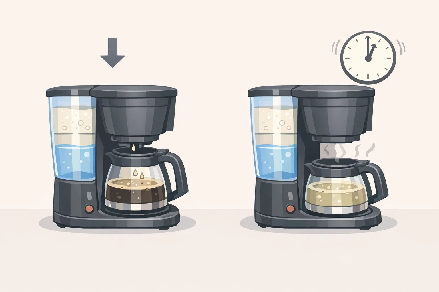 Illustration of a drip coffee maker with the reservoir filled with equal parts vinegar and water, showing the machine running a descale cycle and a timer for 30–60 minutes dwell time