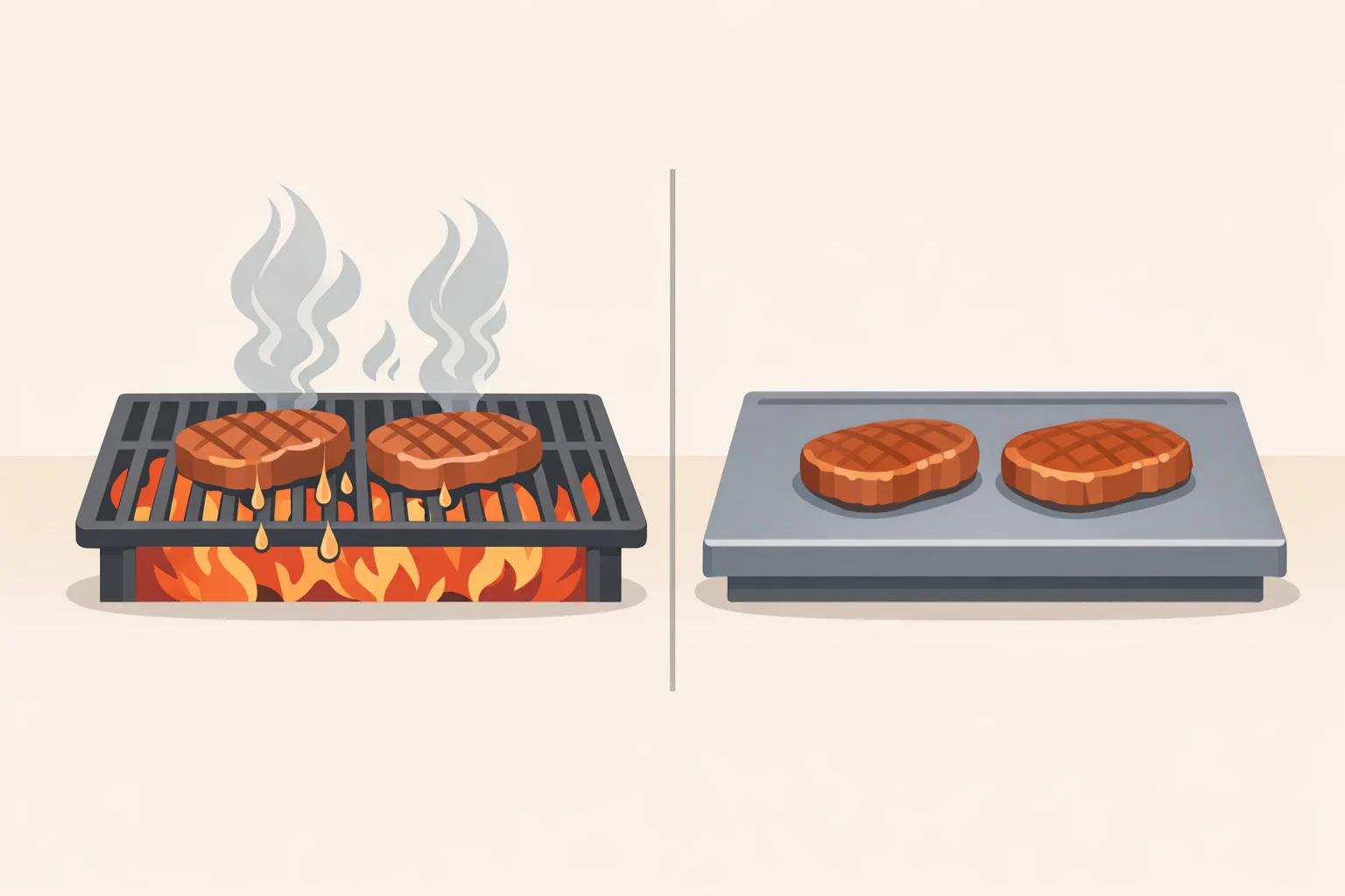 Illustration comparing open-grate grilling where drippings fall onto burners to create smoke versus a flat top grill where sealed contact browning prevents smoky character (is a flat top grill worth it)