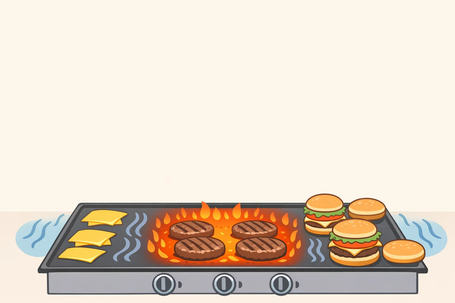 Illustration of a flat top grill during backyard burger night with smash burgers searing in the hot center while onions caramelize and buns warm at the edges