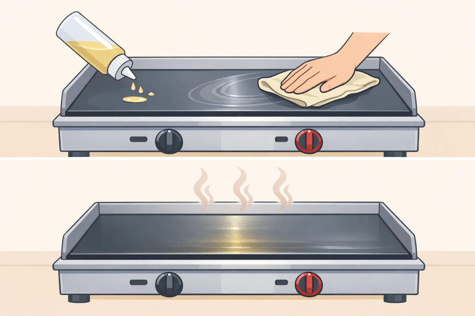 Illustration of a cook wiping a very thin seasoning oil film onto a flat top grill surface to prevent rust and sticking