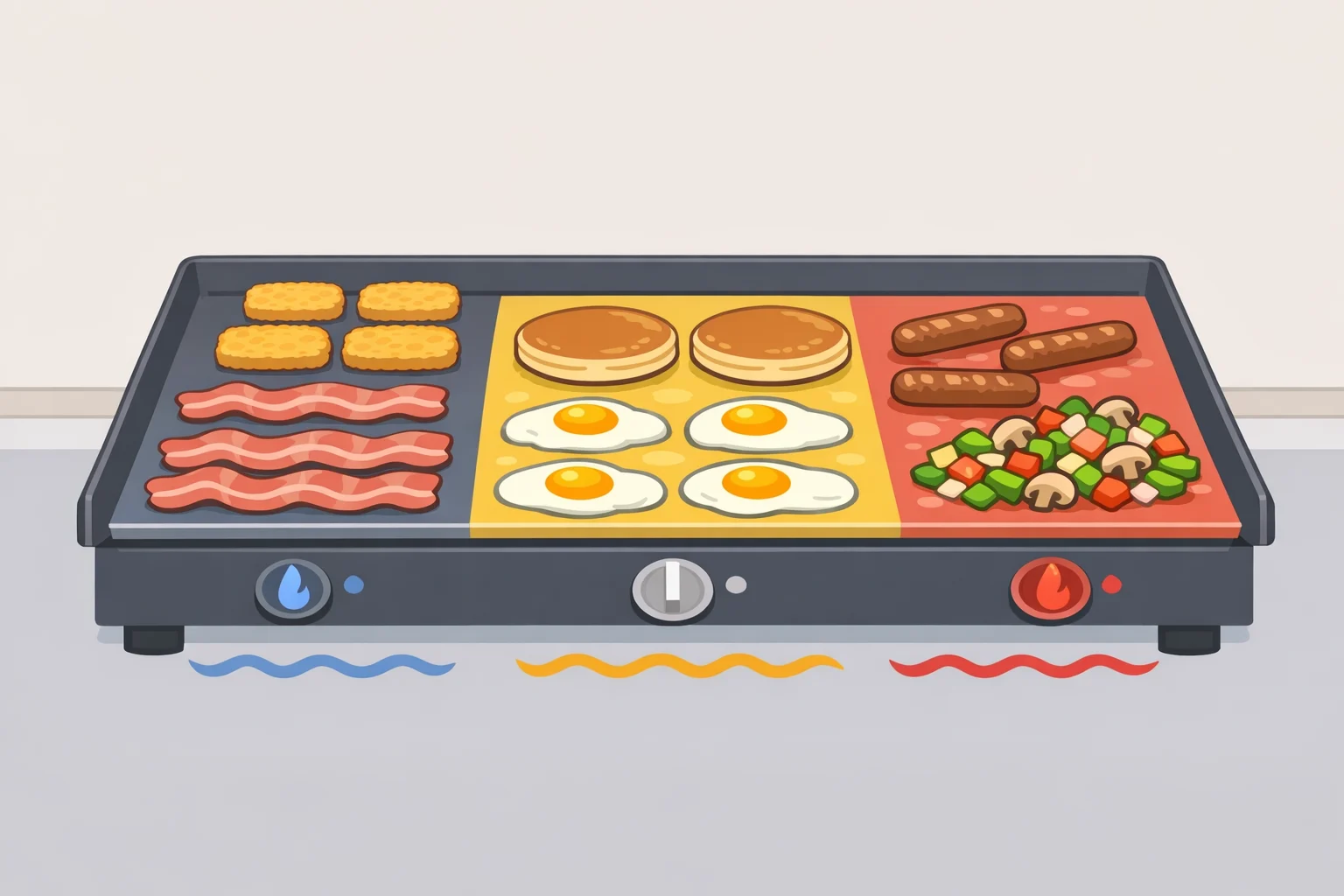 Illustration of a flat top grill set up for breakfast for six, with bacon, eggs, and pancakes cooking in different zones on the same solid steel surface