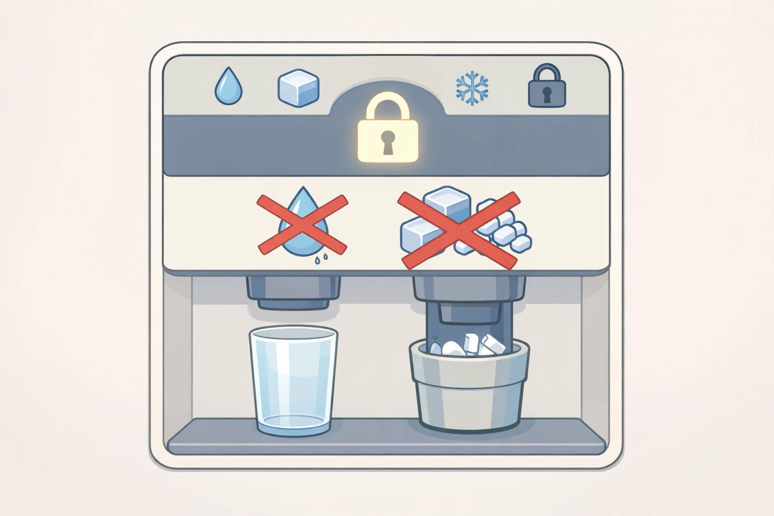 Illustration of a Whirlpool refrigerator water/ice dispenser display highlighting the lock mode, explaining common Whirlpool refrigerator problems when the dispenser pad is disabled