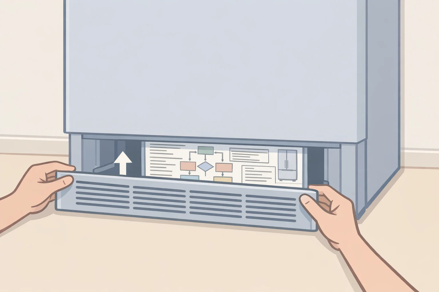 Illustration of a technician pulling open access behind the base grille to retrieve a laminated Whirlpool tech sheet with fault-code diagnostic instructions