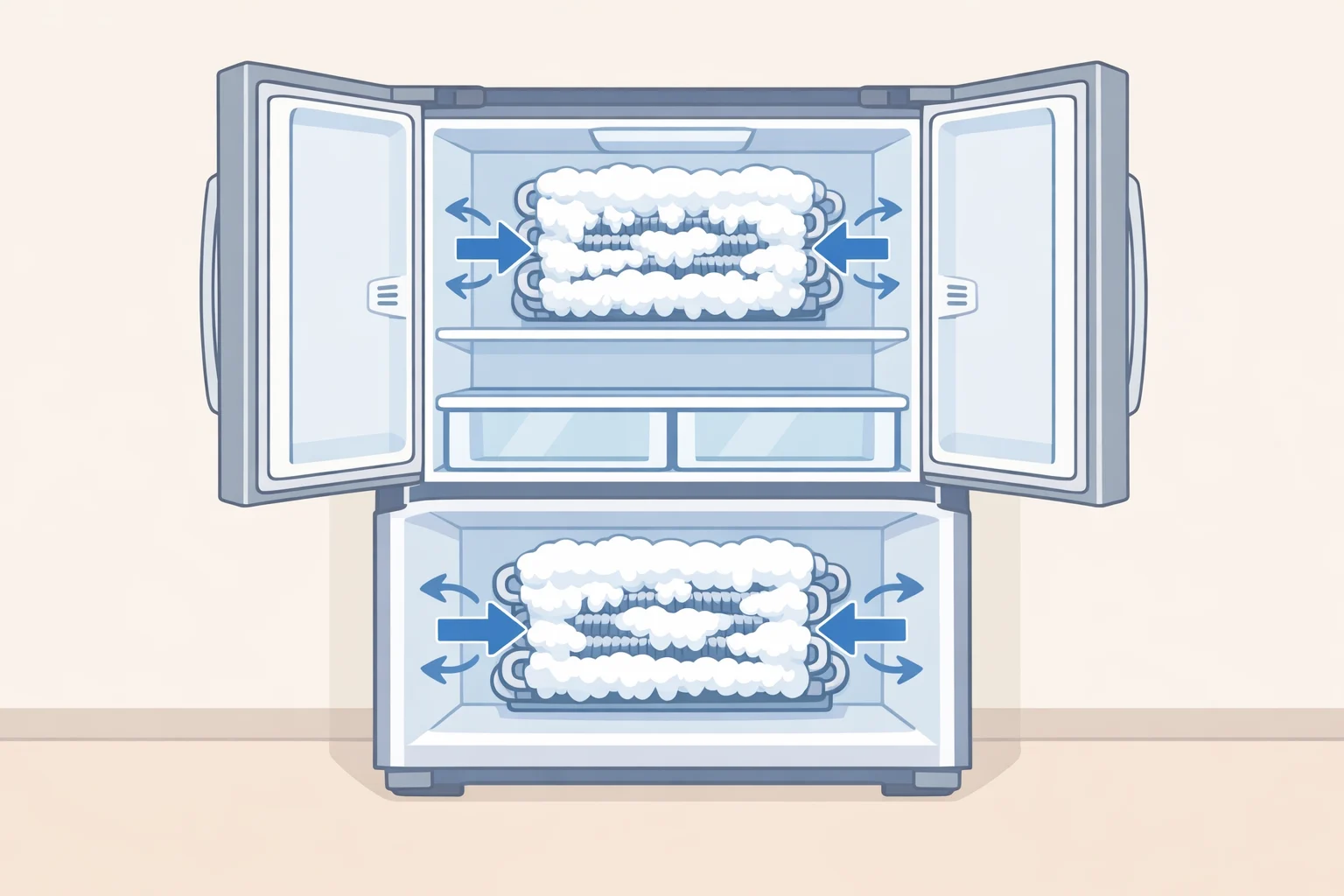 Illustration of a Whirlpool three-door French-door refrigerator where frost and ice accumulate on a refrigerator-compartment evaporator, blocking airflow