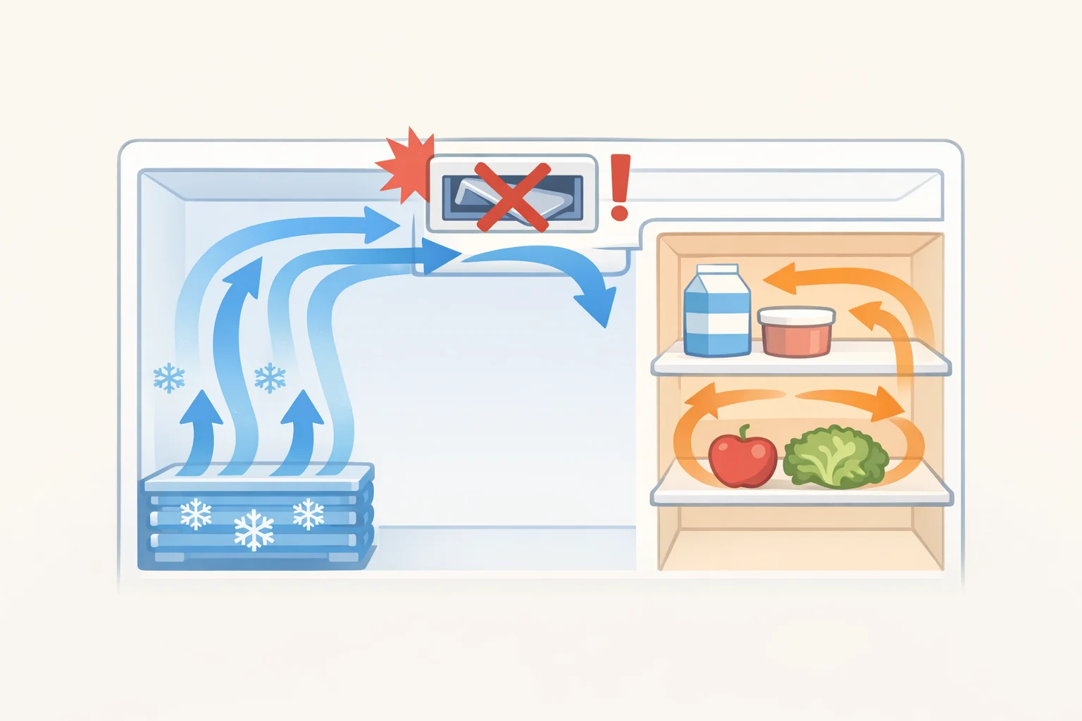 Diagram of a Whirlpool refrigerator with cold air from the evaporator blocked by a stuck damper, leaving the fresh-food section warm