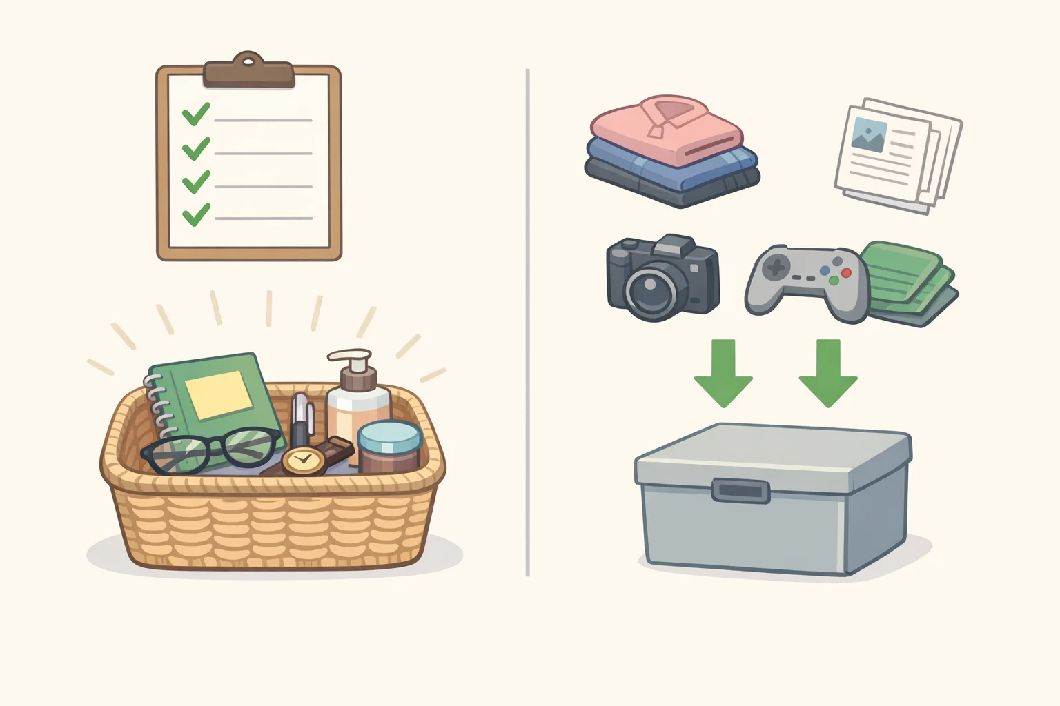 Illustration of a desk layout with a handwritten list separating items you reach for daily into an open basket versus items like laundry, cables, and paperwork going to closed storage