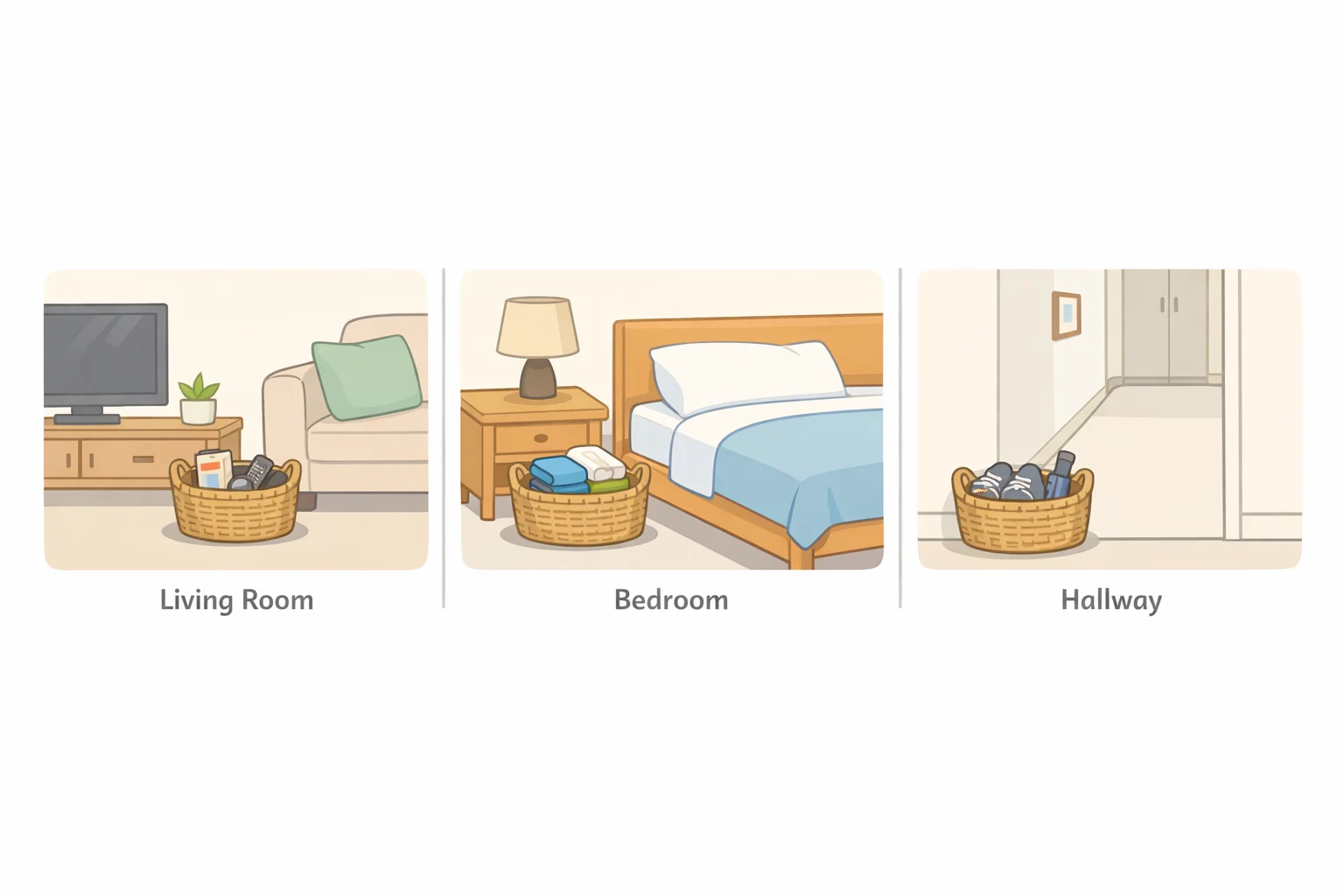Illustration showing a vintage woven basket placed beside an armchair with one folded throw, a smaller basket by the bed with reading glasses and a book, and a hallway basket for dog leads and gloves