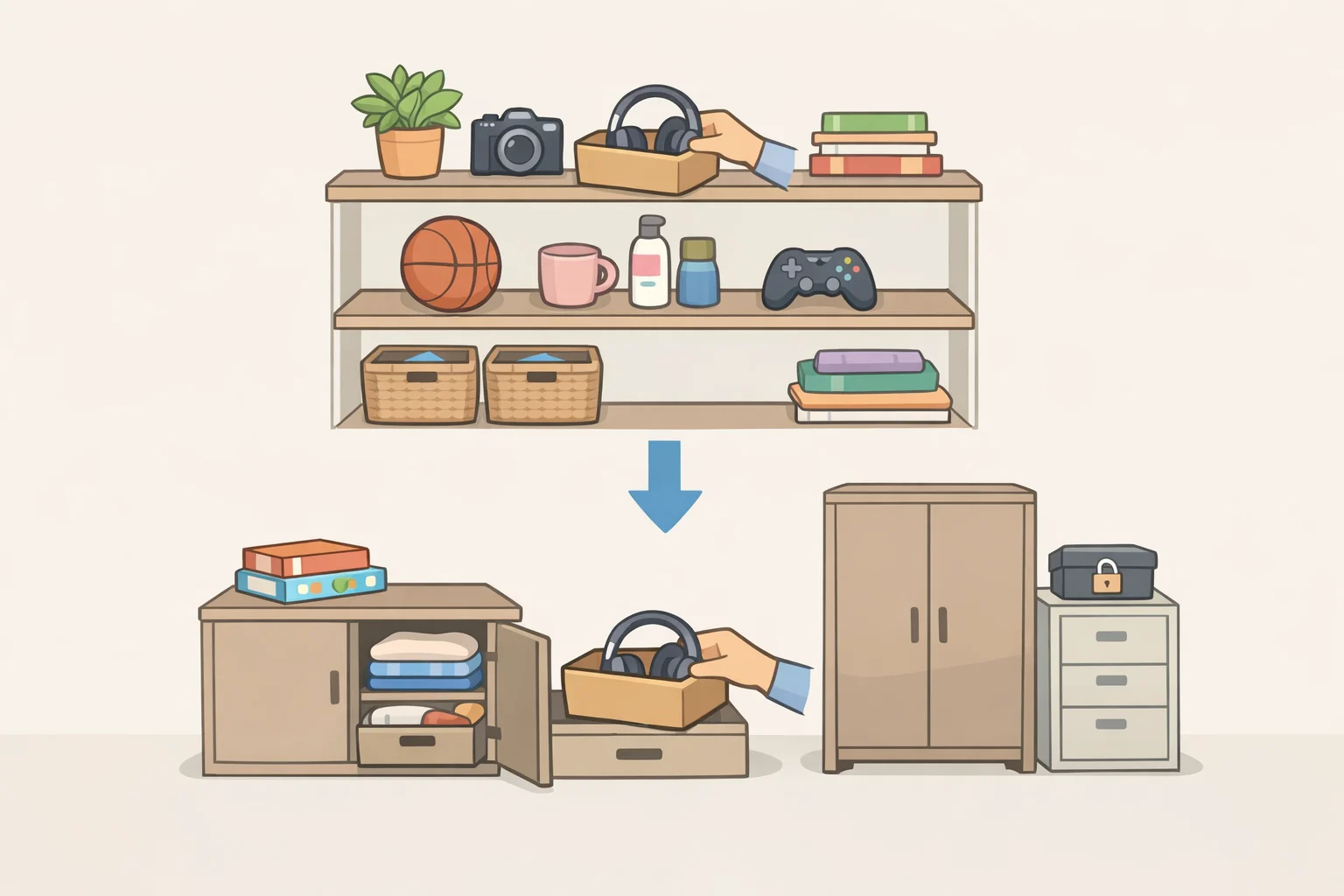 Illustration of a weekly reset scene where items that drifted into the vintage basket are moved out and replaced with only the approved daily-use categories to keep open storage looking tidy