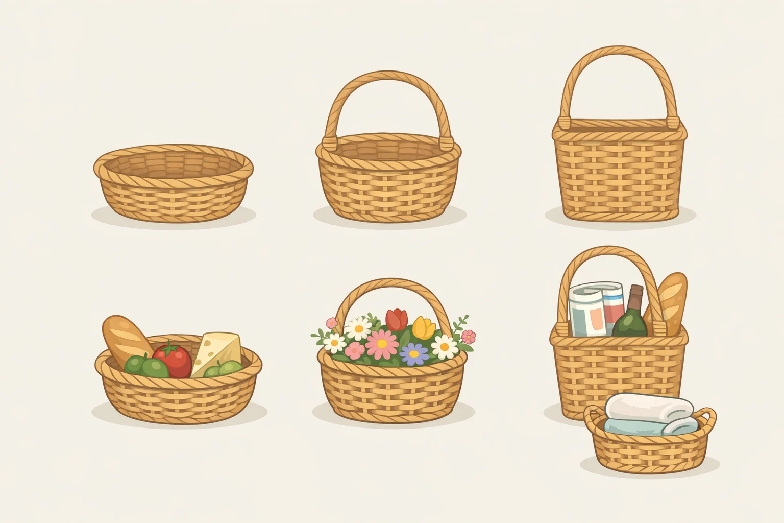 Illustration comparing several vintage woven basket sizes and shapes, showing how the top interior remains visible after placing items—helpful for choosing open storage ideas that look considered