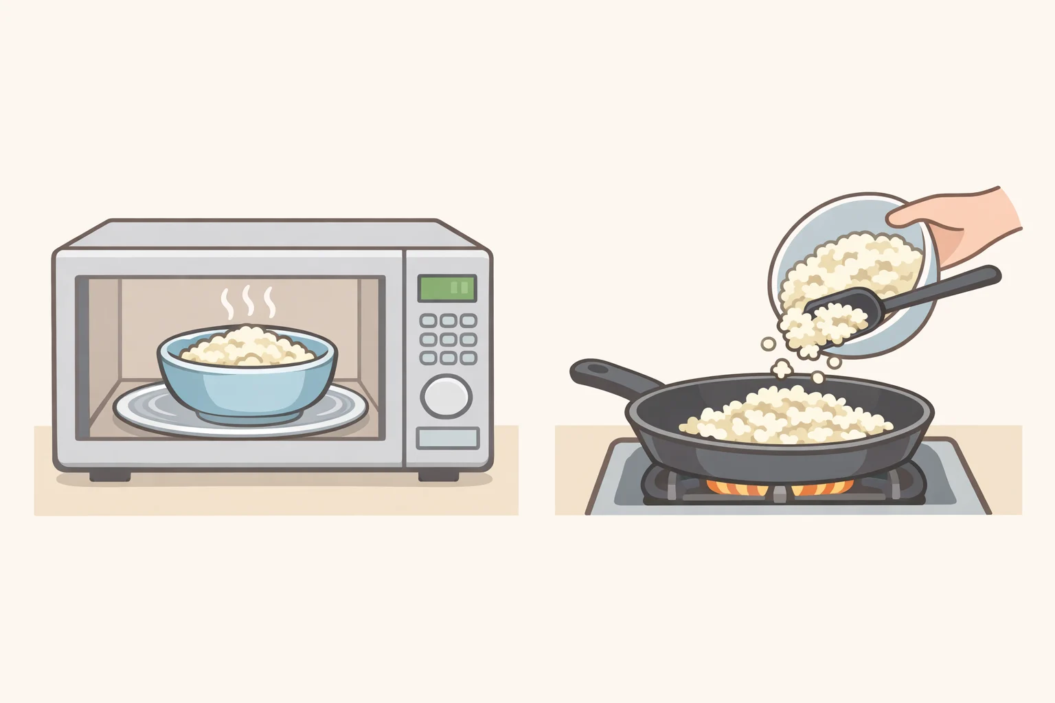Frozen cauliflower rice being thawed in a microwave and then added to the skillet, preventing watery filling in the cauliflower rice stuffed pepper skillet