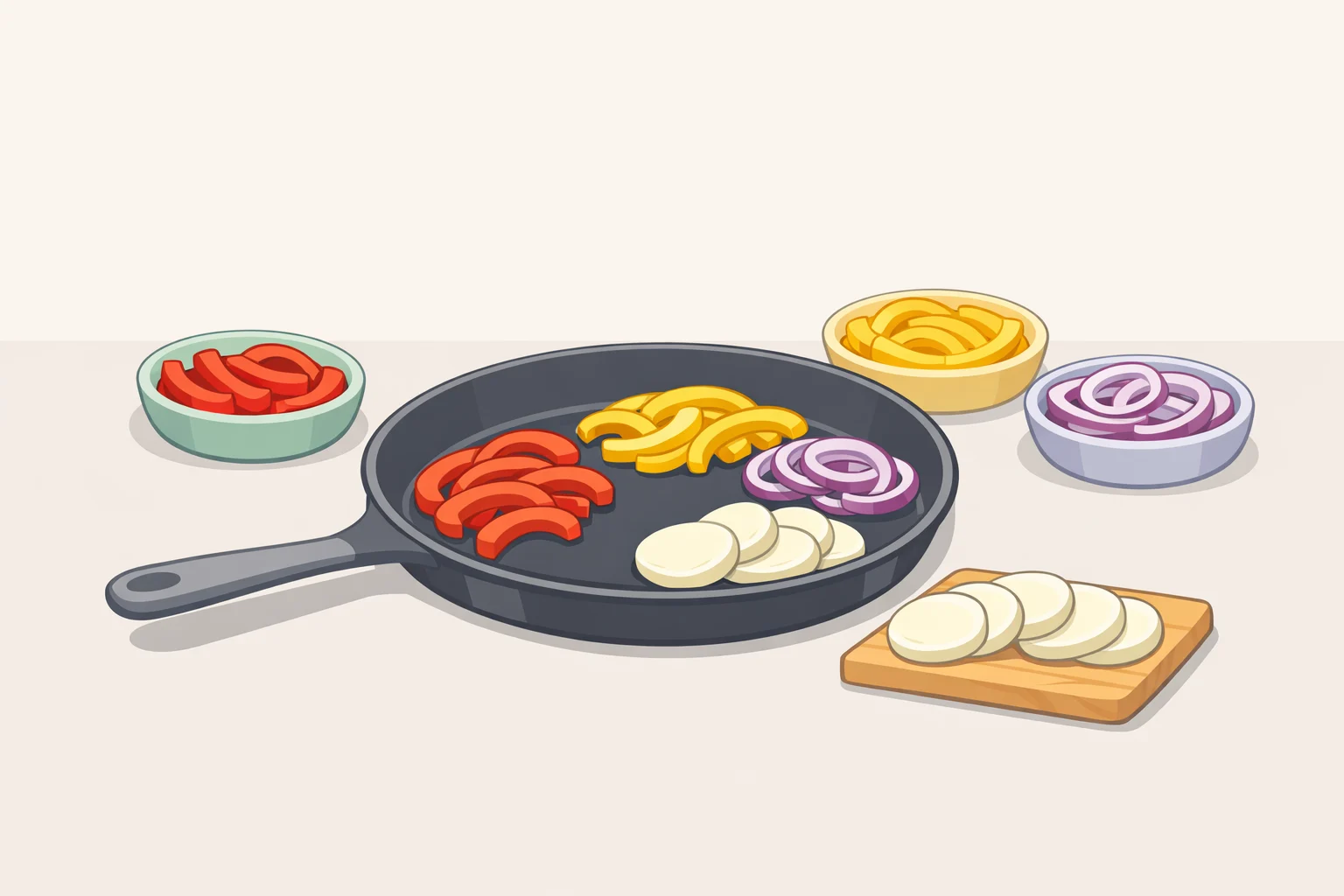 Stuffed pepper skillet recipe setup with a large ovenproof skillet, thinly sliced bell peppers and red onion, and a bowl of shredded mozzarella ready to cook