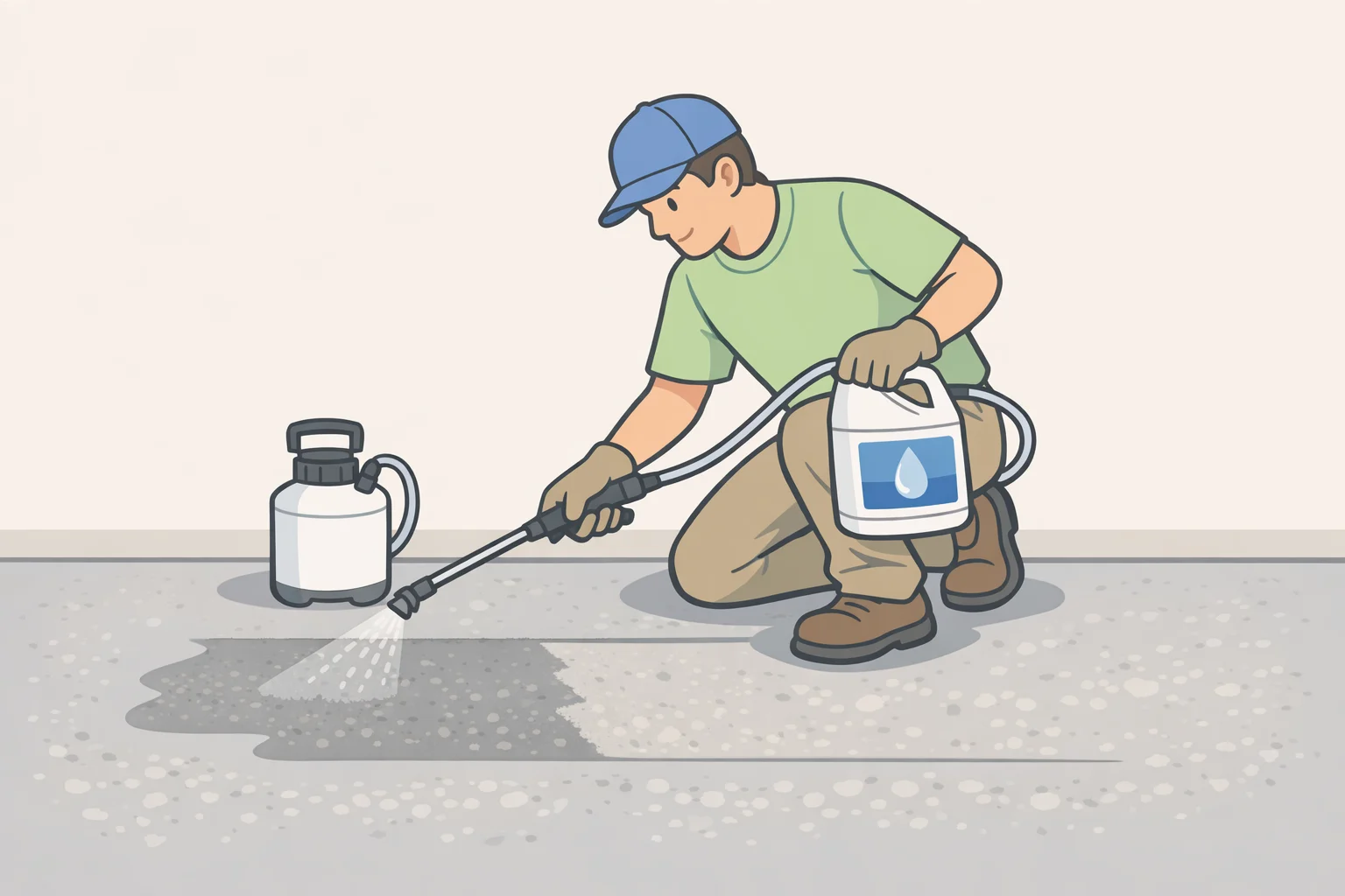 Photo-style illustration of a penetrating concrete sealer being applied to a driveway with a roller or sprayer, representing routine maintenance every 2 to 3 years