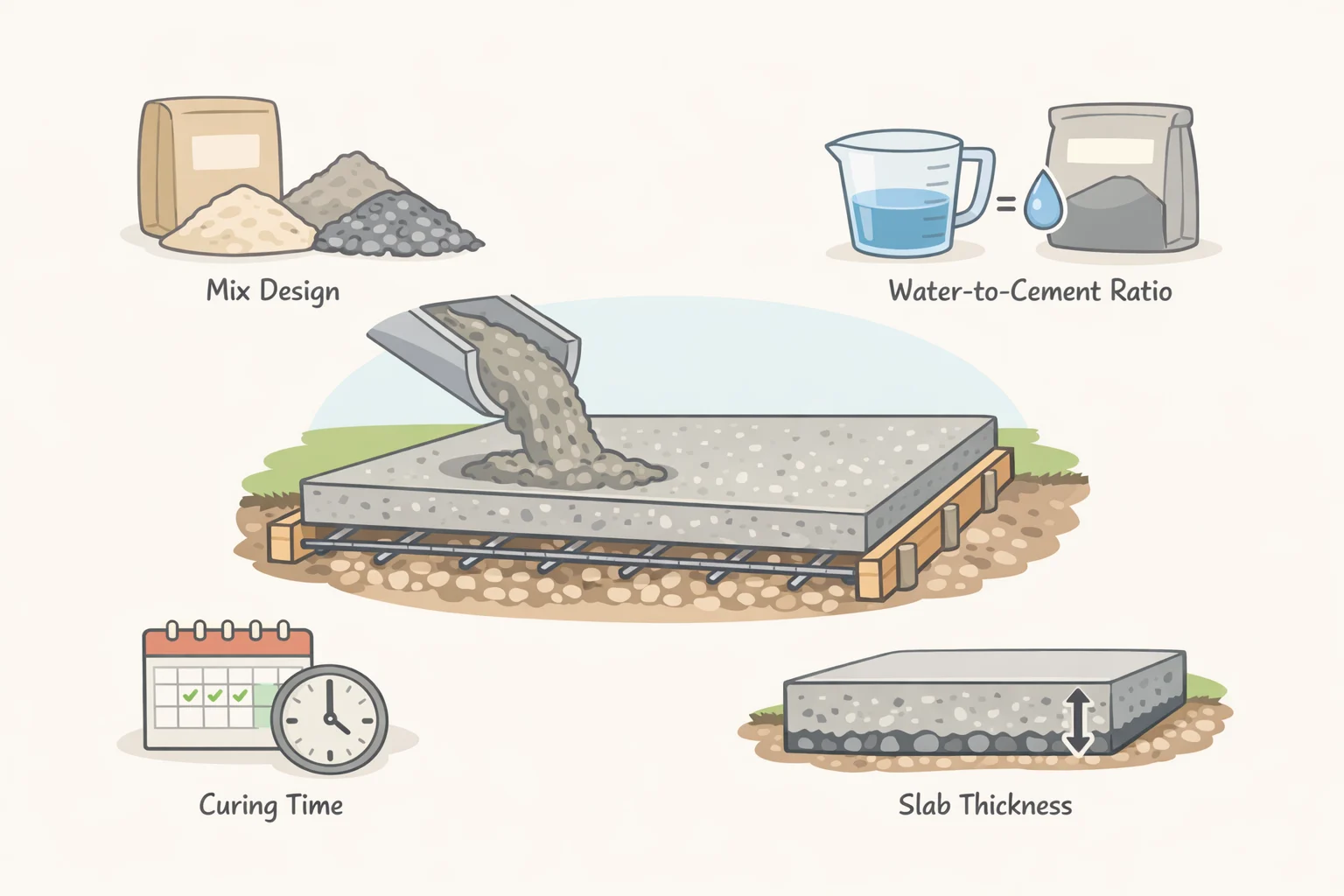 Diagram of concrete driveway installation decisions—air-entrained mix design, water-to-cement ratio at or below 0.45, curing moisture for at least seven days, and slab thickness sized for vehicle loads—impacting the average lifespan of a concrete driveway