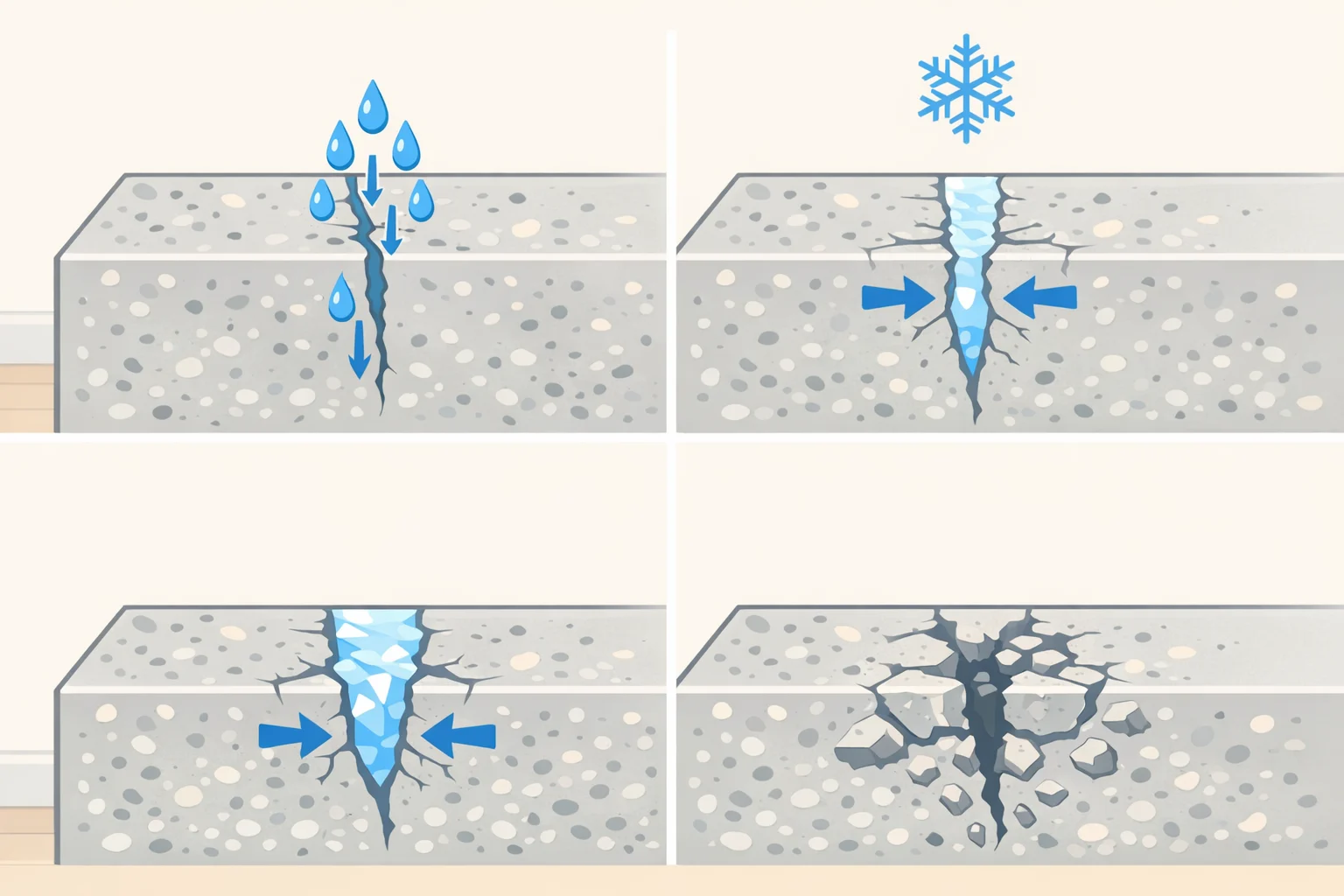 Illustration of freeze-thaw cycling on a concrete driveway where infiltrated water freezes and expands through surface cracks, leading to spalling
