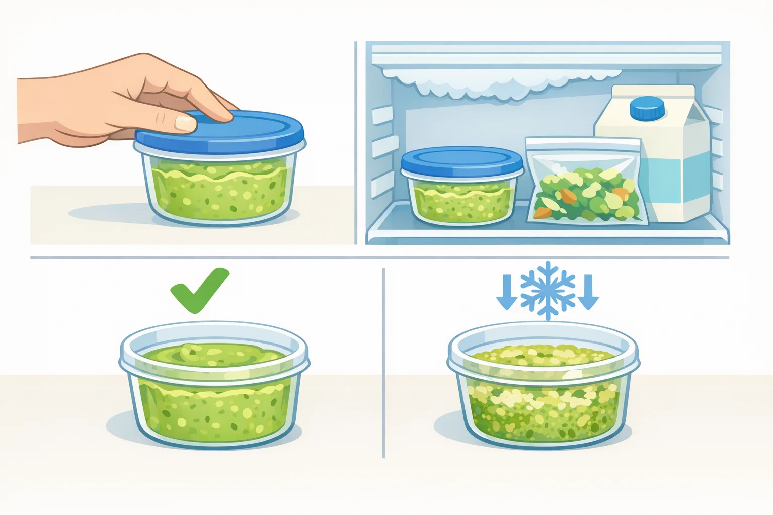 Illustration showing an airtight container of cowboy cream cheese in the refrigerator and a warning-style panel indicating grainy, watery texture after thawing when frozen