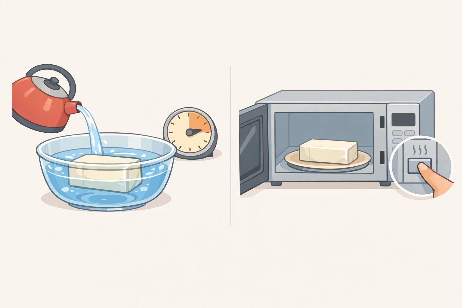 Illustration comparing how to soften a cream cheese block for a cowboy cream cheese recipe—bowl of warm water with an unopened wrapped block versus unwrapped block warming in short microwave intervals