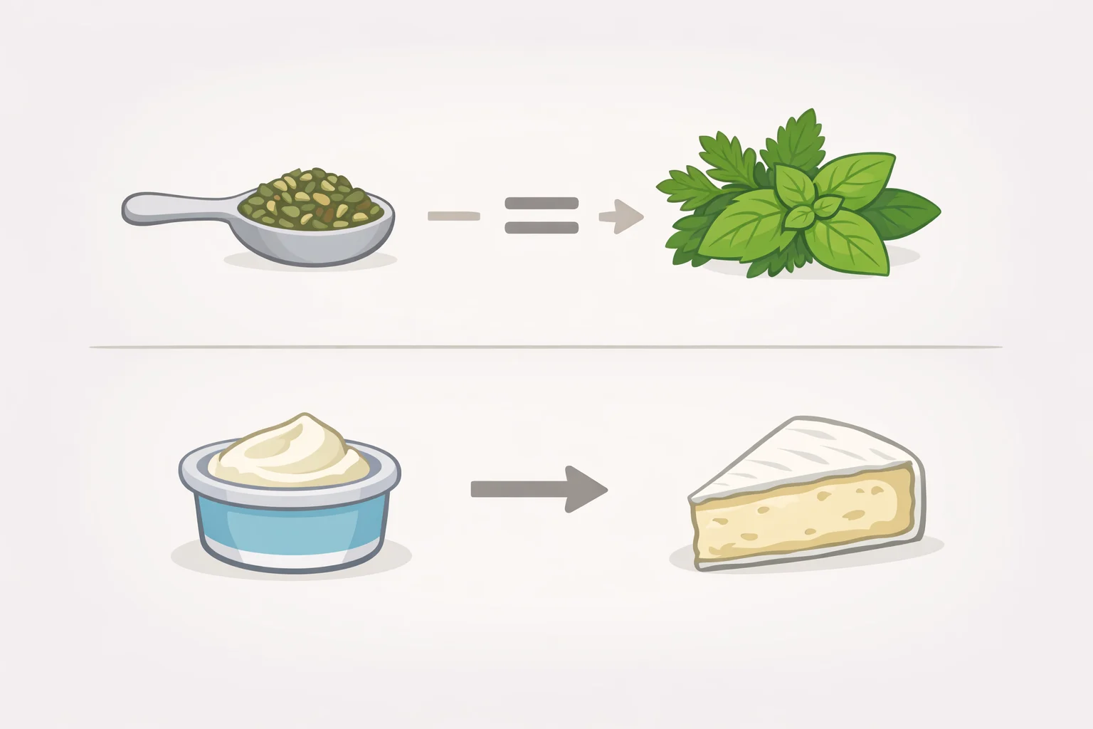Illustration of substitution guidance for cowboy cream cheese—3:1 fresh-to-dried herb ratio measuring cups and a block showing Neufchâtel as a lighter alternative to cream cheese