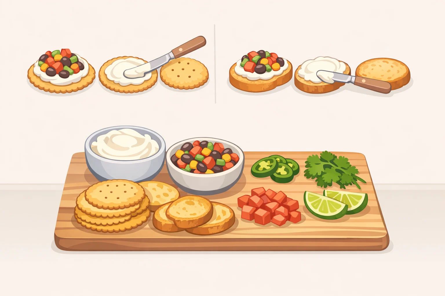 Illustration of a cowboy cream cheese dip spread on crostini with visible herb flecks and paprika color on a snack board