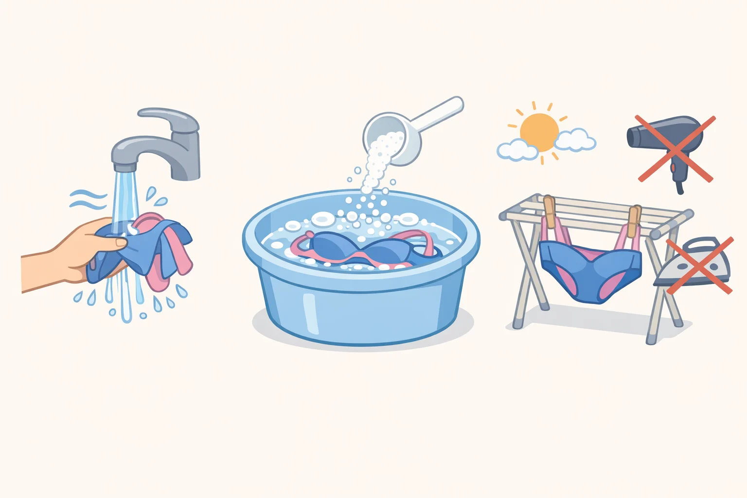 Illustration of proper swimwear stain care: rinsing in cold water, soaking in a cool OxiClean solution, washing on delicate in cold, and air-drying while keeping chlorine bleach away to protect elastic fibers