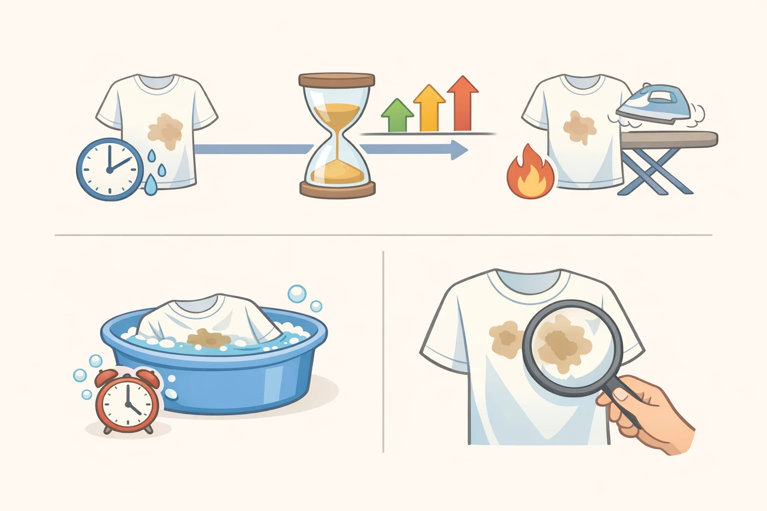 Infographic timeline showing sunscreen stains after wash versus after dryer heat, with arrows toward dish-soap degreasing, long oxygen-bleach soak, repeated soaking if needed, and avoiding further bleach on orange stains