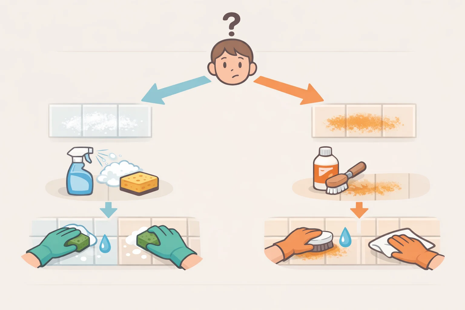 Split illustration showing Path A for white, chalky, or greasy sunscreen residue using dish soap and warm wash, and Path B for orange rust-colored stains using oxygen bleach soak and inspection before drying