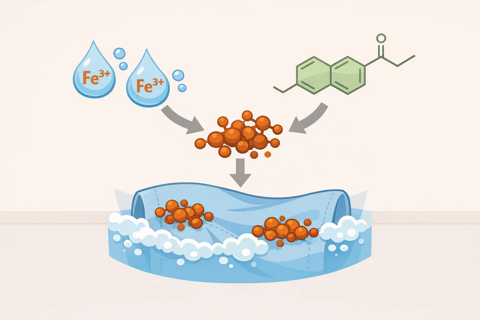 Diagram explaining how avobenzone in sunscreen reacts with iron ions in hard water to create an orange rust-like stain that bonds to clothing fibers (how to remove sunscreen stains from clothes)