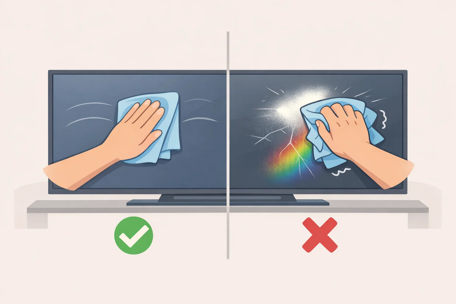 Illustration contrasting gentle minimal-pressure strokes that remove smudges with hard scrubbing that can scratch or damage a flat-screen TV panel