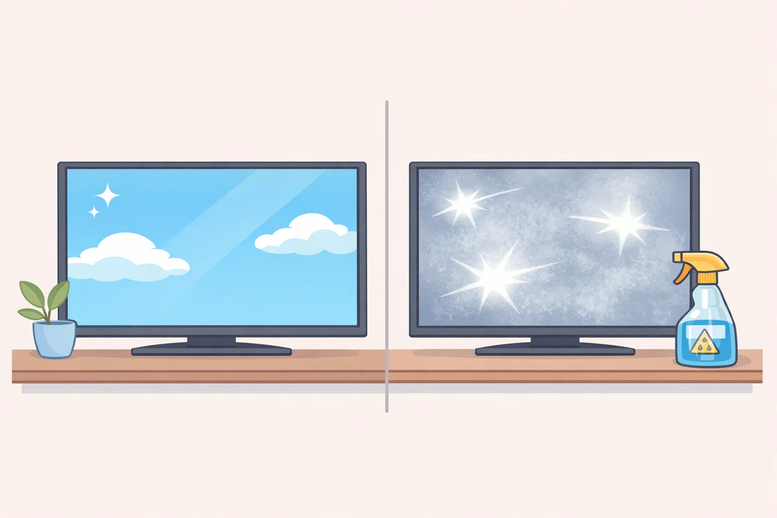 Illustration comparing a flat-screen TV surface with intact anti-glare and fingerprint-resistant coating versus a damaged screen showing cloudy patches and worsened glare after ammonia-based glass cleaner use
