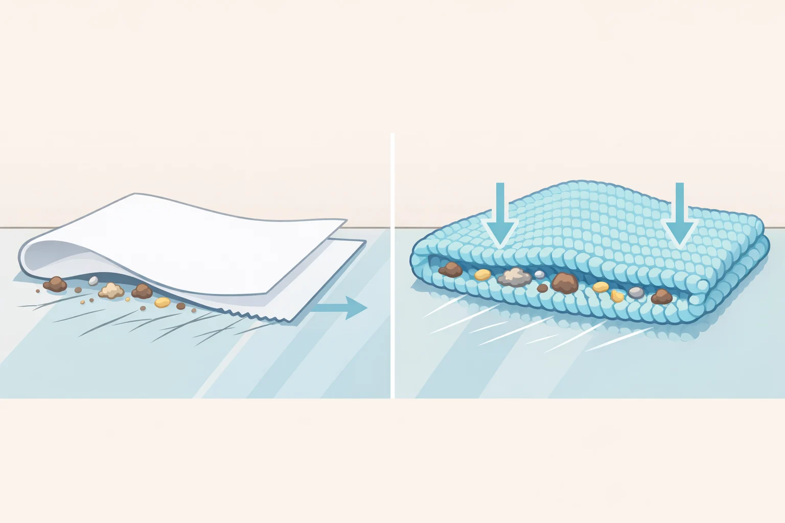 Diagram showing how paper towels or cotton rags can drag grit to create micro-scratches, while a dense anti-static microfiber cloth lifts oils and particleskey for how to clean a TV screen safely
