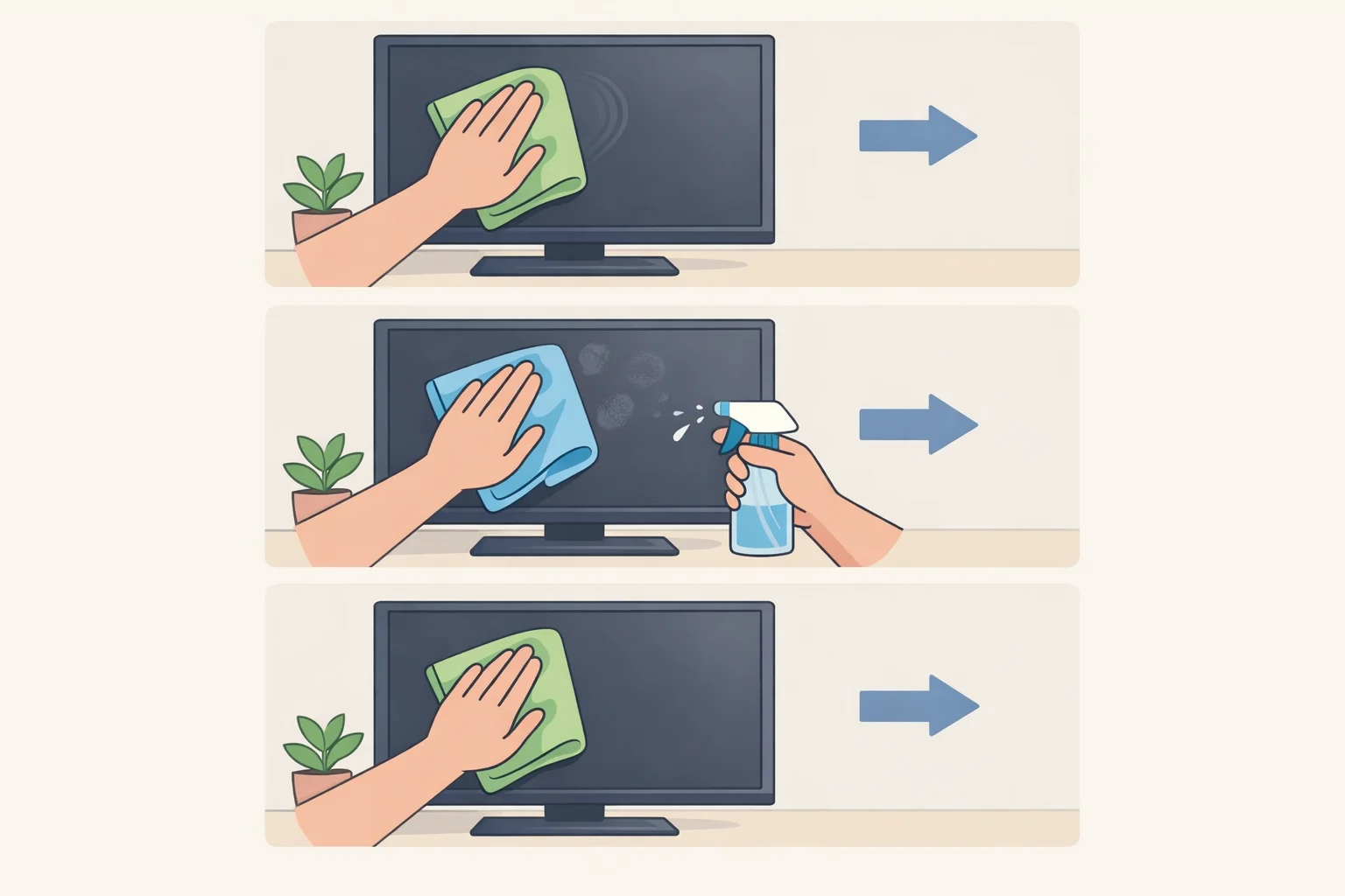 Step-by-step visual sequence for cleaning a TV screen: dry microfiber horizontal then vertical wipe, light distilled-water damp wipe for fingerprints, and immediate final dry pass to prevent streaks