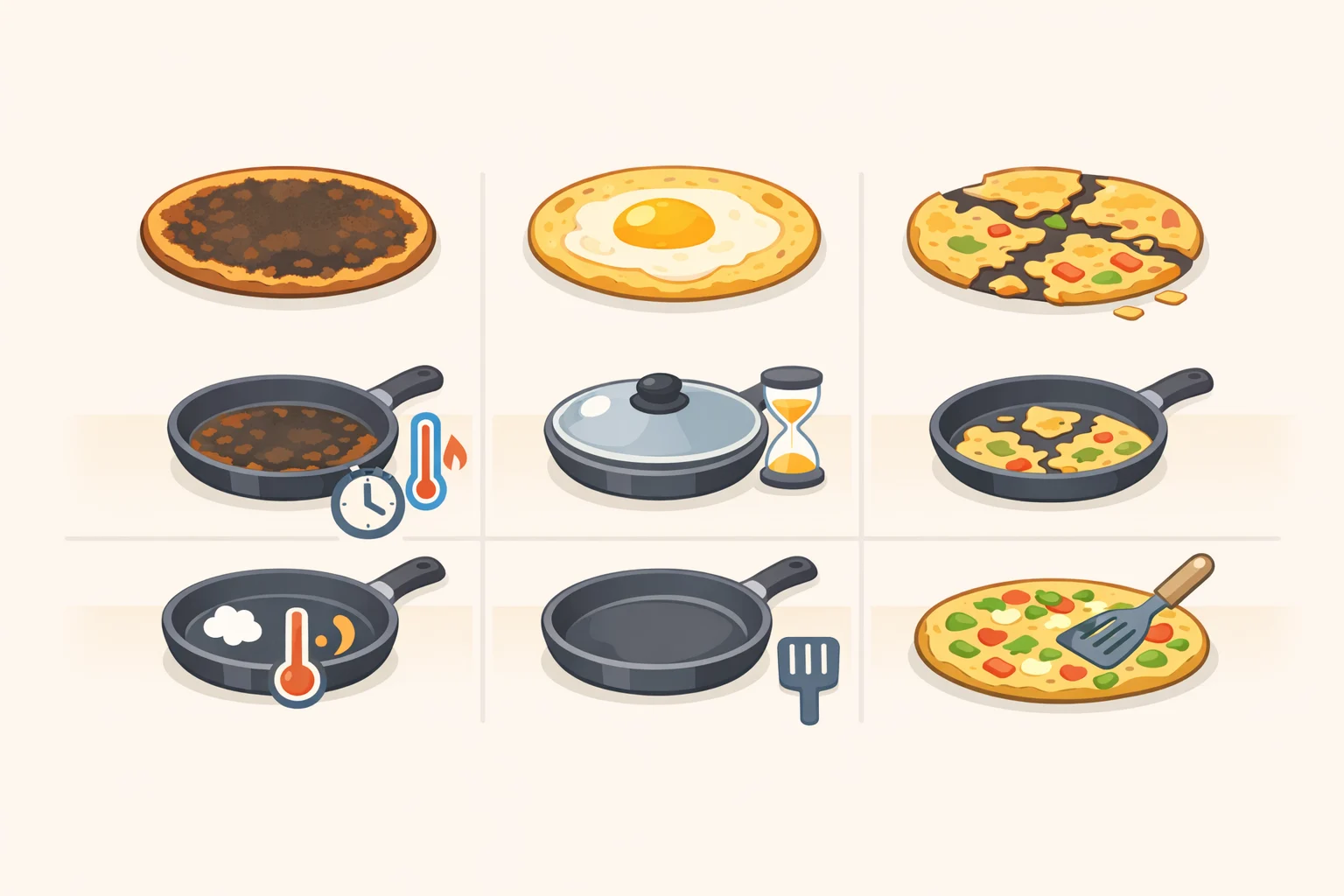 Collage showing an egg tortilla that tore when folding, one that stuck to the pan, one with a wet center and set edges, one that cracked along a fold line, and a tortilla with filling falling out